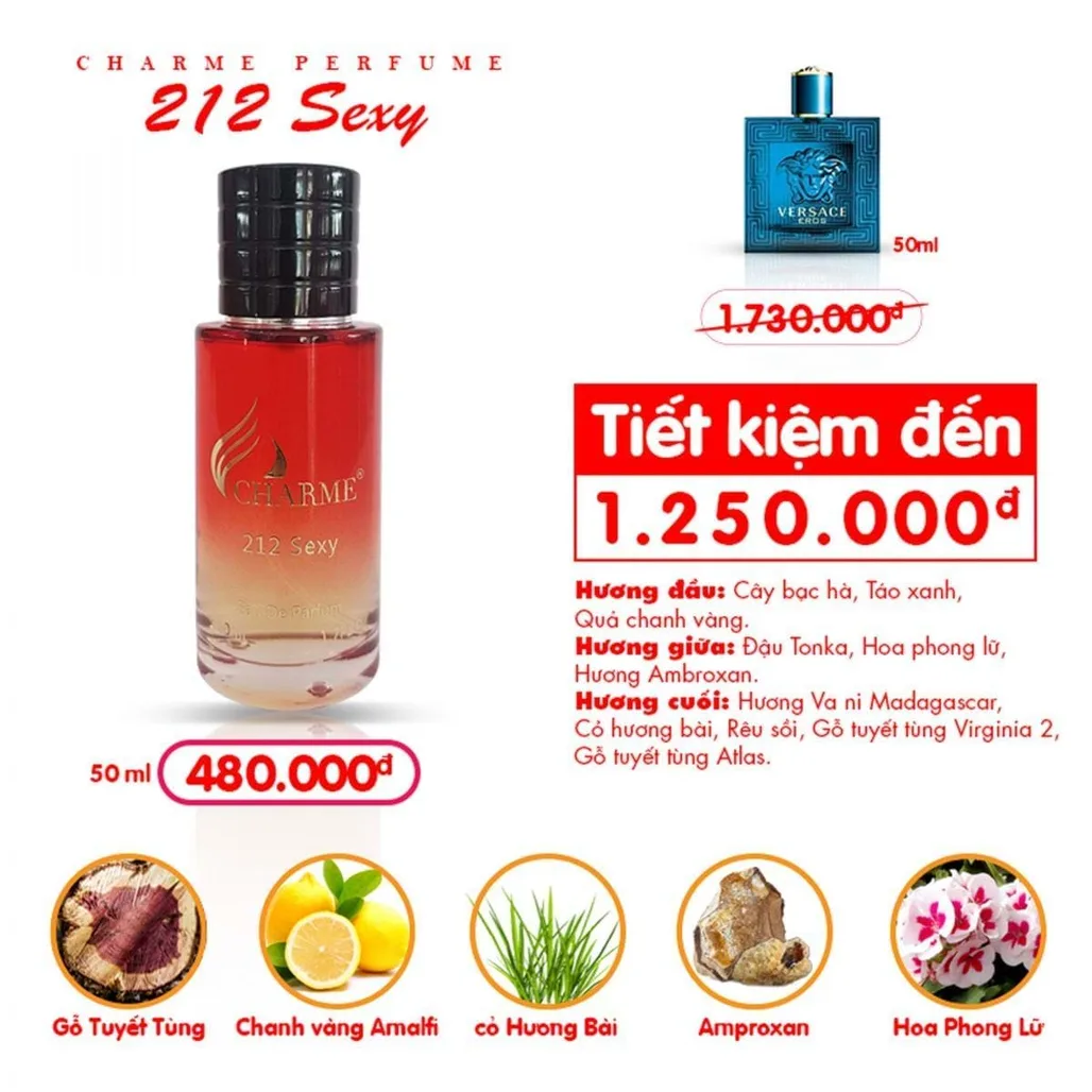 Thành phần tạo nên Charme 212 Sexy đầy khơi gợi và thể hiện sự mạnh mẽ và đam mê.
